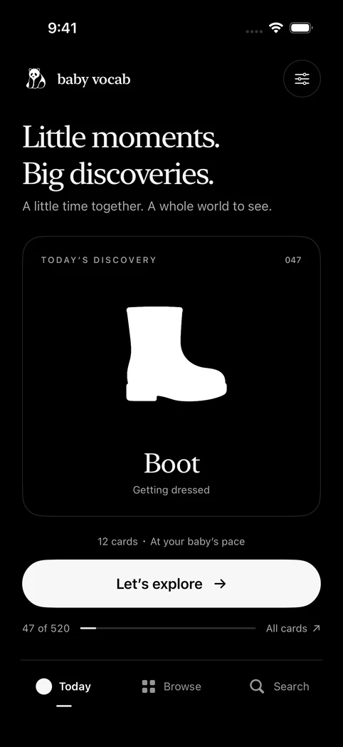 The same Baby Vocab screen in dark mode, with white artwork on black.