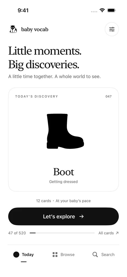 Baby Vocab in light mode: a boot picture card, its word, and a button to explore a 12-card session.
